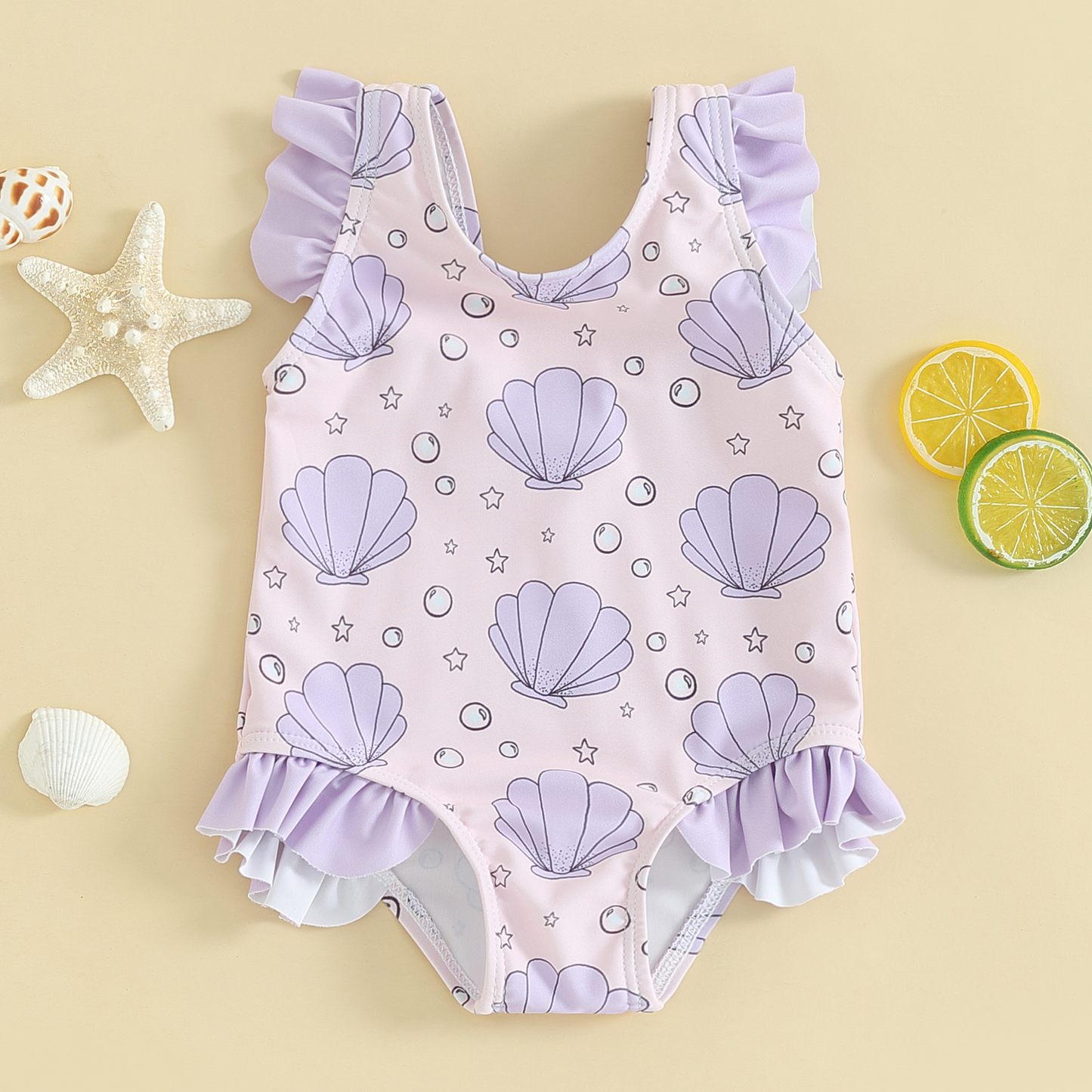 Badpak Meisjes – Zacht en Rekbaar met Schelpenprint en Ruches – Perfect voor Zwembad en Strand 0