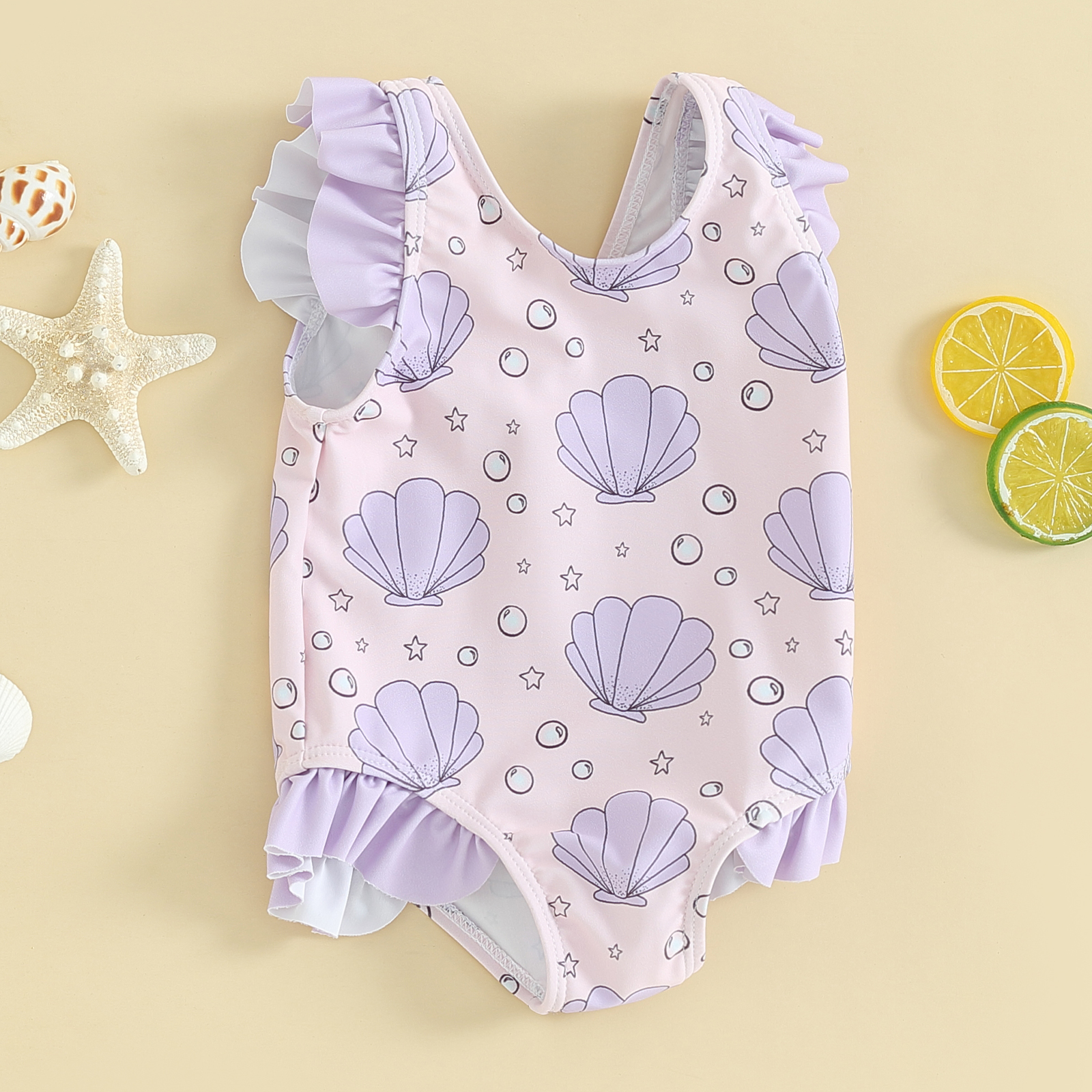 Badpak Meisjes – Zacht en Rekbaar met Schelpenprint en Ruches – Perfect voor Zwembad en Strand 3