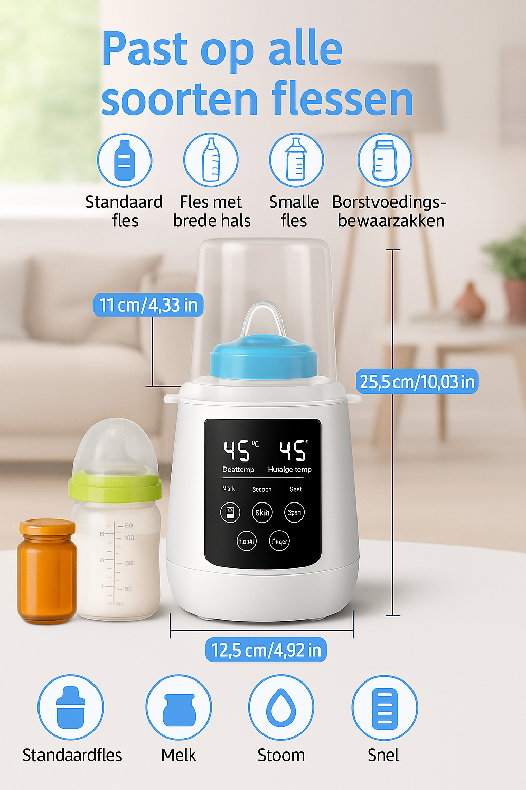 Babyfles Melkverwarmer – 6-in-1 Functies, Digitale LCD Temperatuurregeling, Automatische Uitschakeling