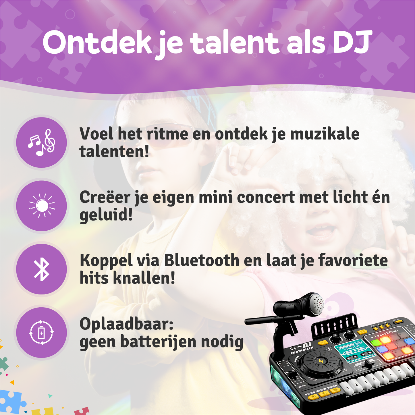 DJ Set voor Kinderen – Oplaadbaar, Bluetooth, Microfoon, Lichtshow, Creatieve Functies 1