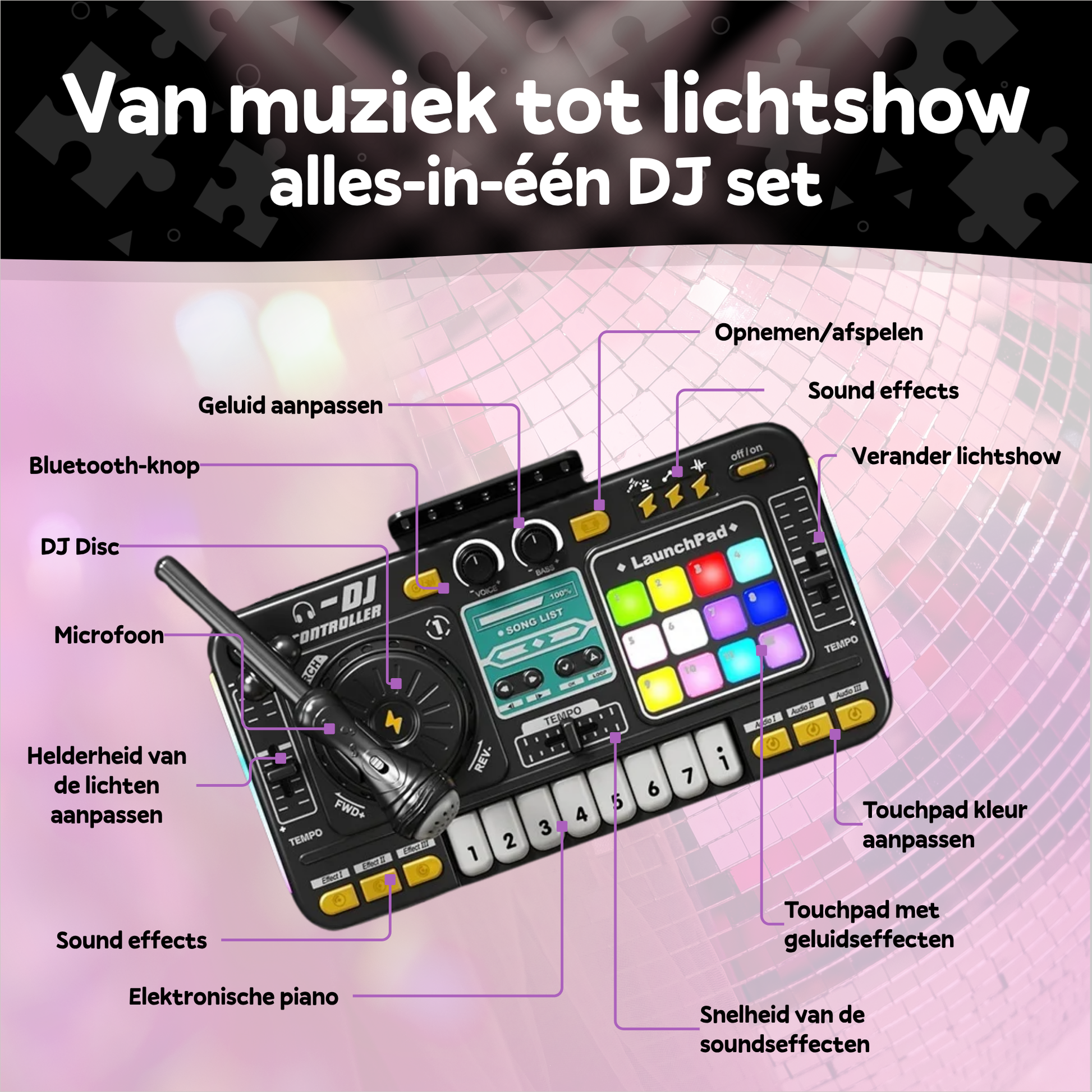 DJ Set voor Kinderen – Oplaadbaar, Bluetooth, Microfoon, Lichtshow, Creatieve Functies 5