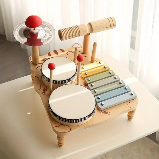 Houten Drumstel – Educatief Muziekspeelgoed met Xylofoon en Instrumenten – Stimuleert Motoriek en Ritme 0