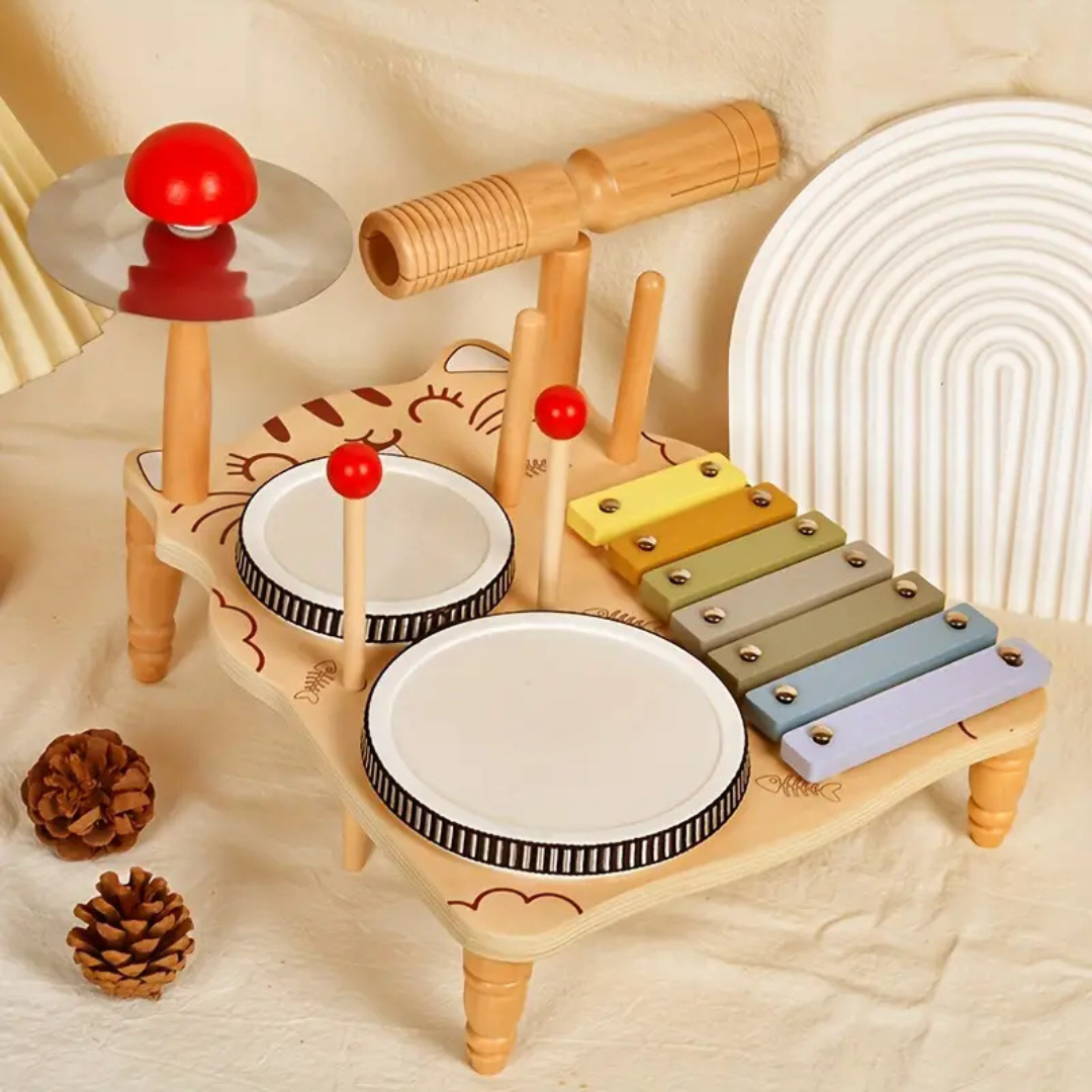 Houten Drumstel – Educatief Muziekspeelgoed met Xylofoon en Instrumenten – Stimuleert Motoriek en Ritme 1