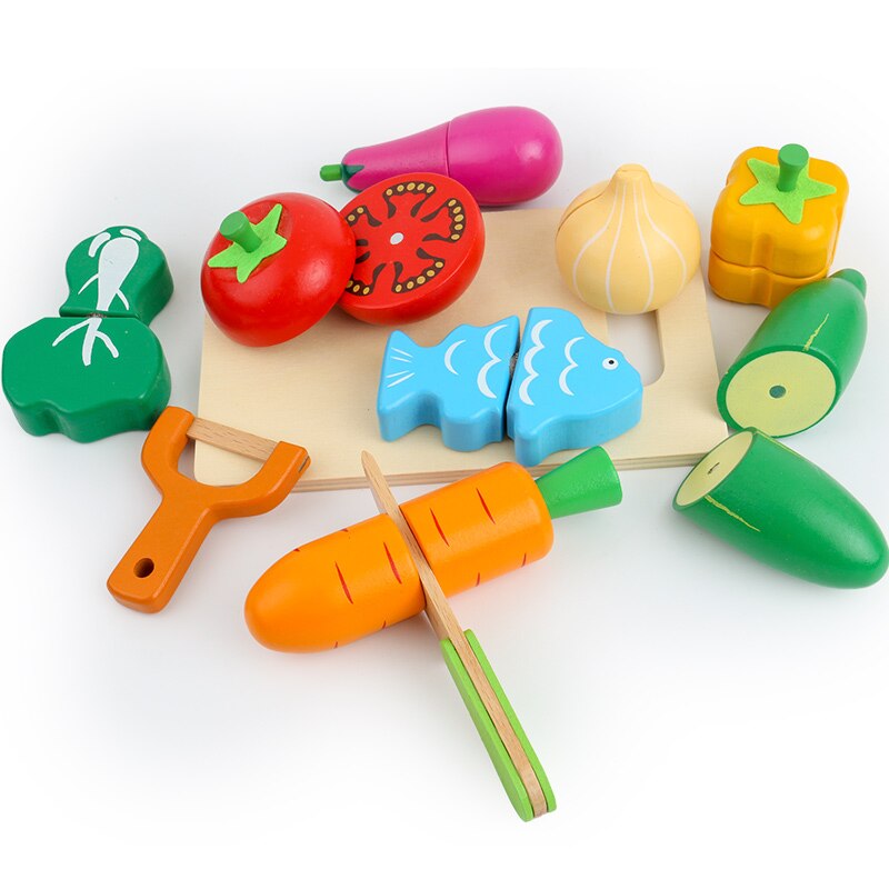 Houten Speelvoedsel Set – Educatief Koken met Veilig Beukenhout, 13 Stukjes Inclusief Snijplank en Messen 2