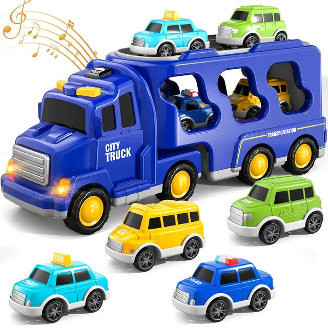 Dubbellaagse Vrachtwagen Speelset met Mini Voertuigen en Muziekfunctie – Rood, Geel of Blauw, Duurzaam ABS-Plastic, Voor Kinderen vanaf 3 Jaar-4