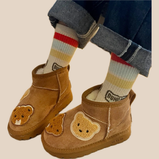 Winter Enkellaars – Warm en Comfortabel Suède met Berenapplicaties – Ideaal voor Kinderen 0