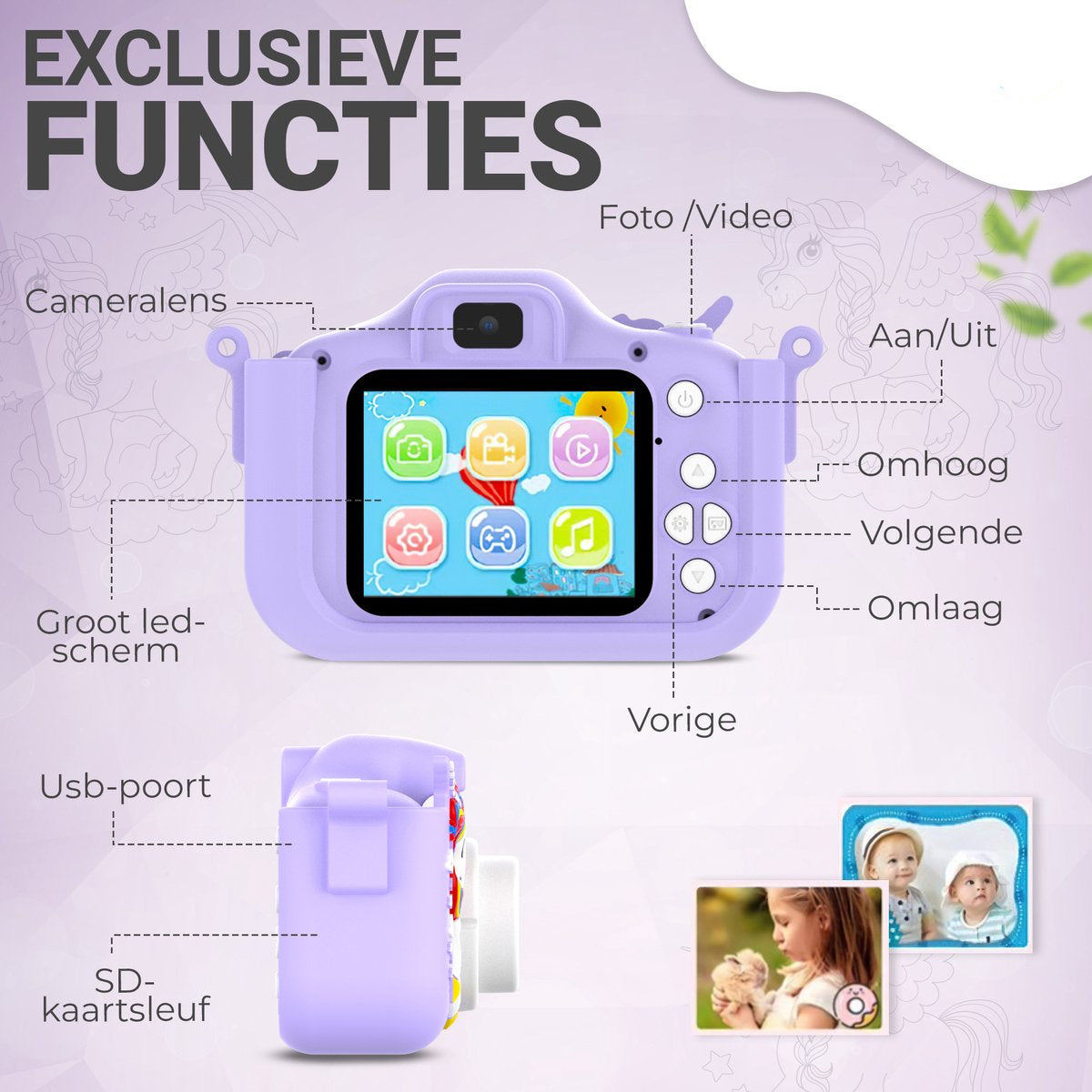 Kindercamera – Unicorn Design, 32GB SD-kaart, HD Foto's en Video's – Duurzame Materialen voor Kinderen