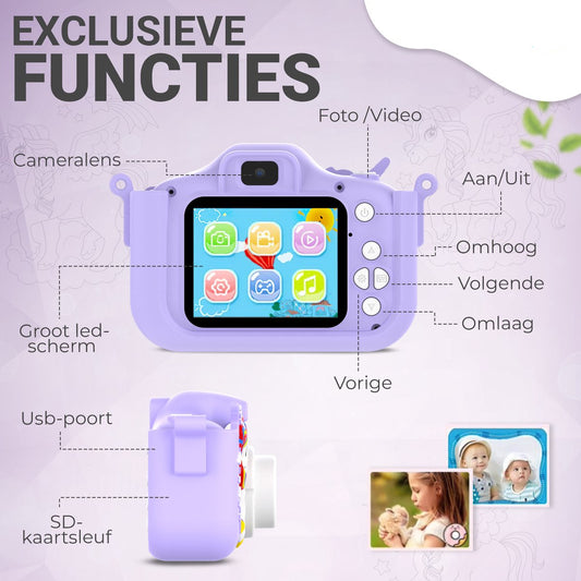 Kindercamera – Unicorn Design, 32GB SD-kaart, HD Foto's en Video's – Duurzame Materialen voor Kinderen
