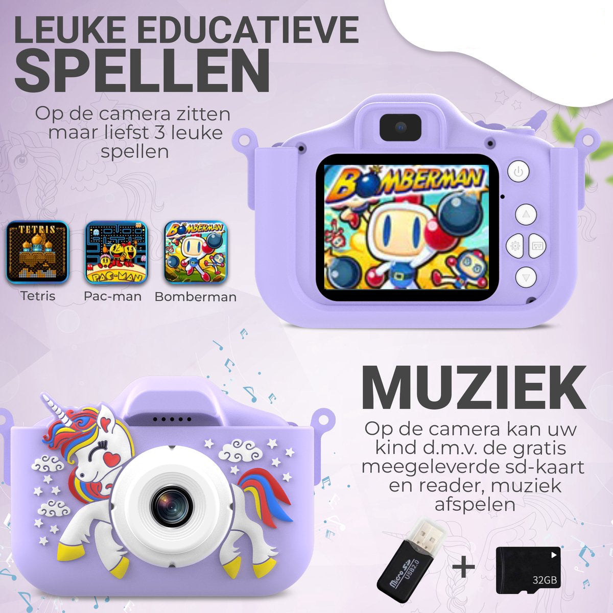 Kindercamera – Unicorn Design, 32GB SD-kaart, HD Foto's en Video's – Duurzame Materialen voor Kinderen